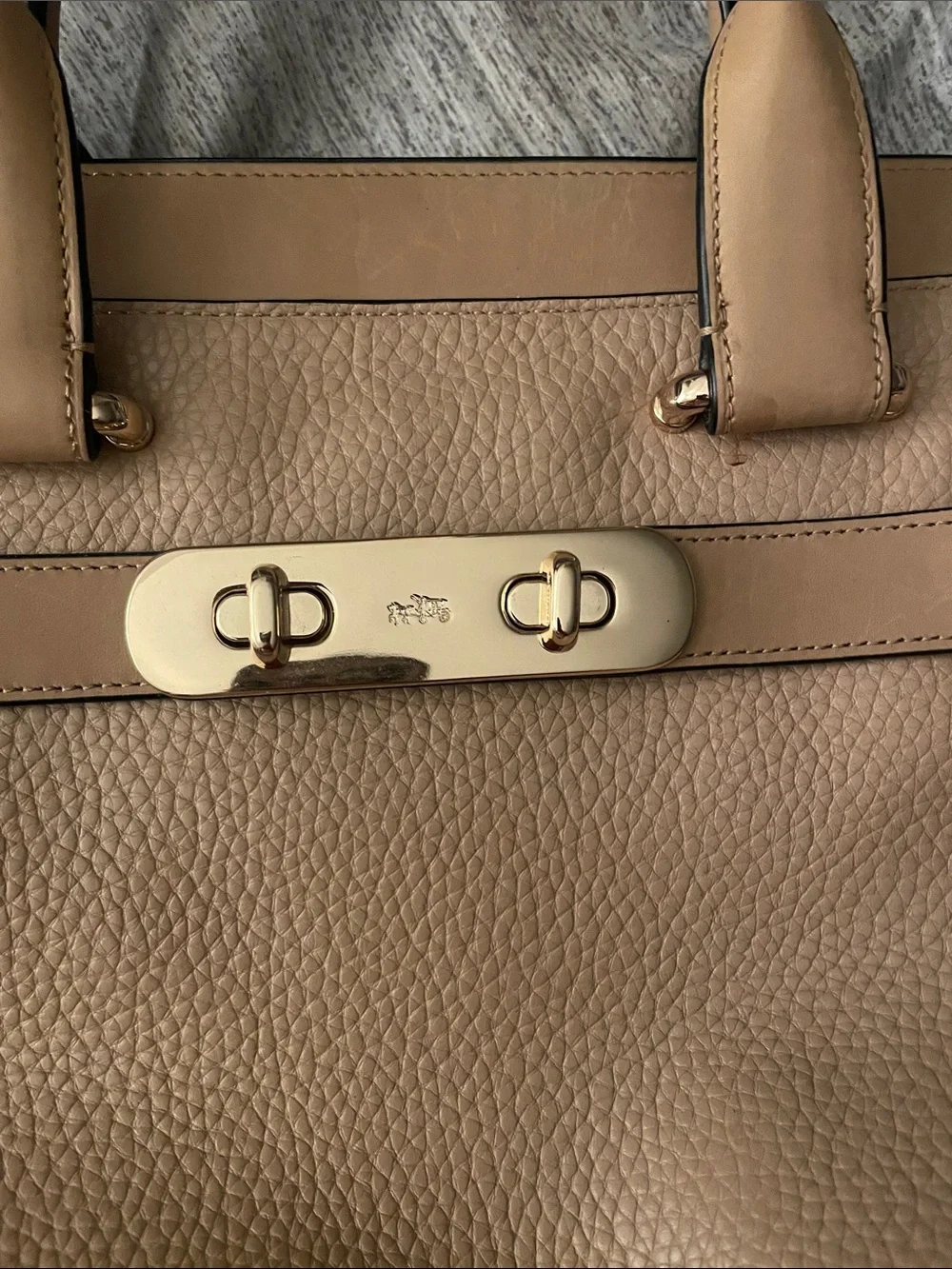 Coach Pebbled Leather Satchel in Taupe and Black with Gold Hardware